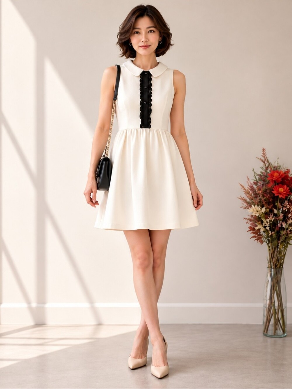 Kensie | Cream Fit & Flare Dress Black Frill Peter Pan Collar Sleeveless Mini